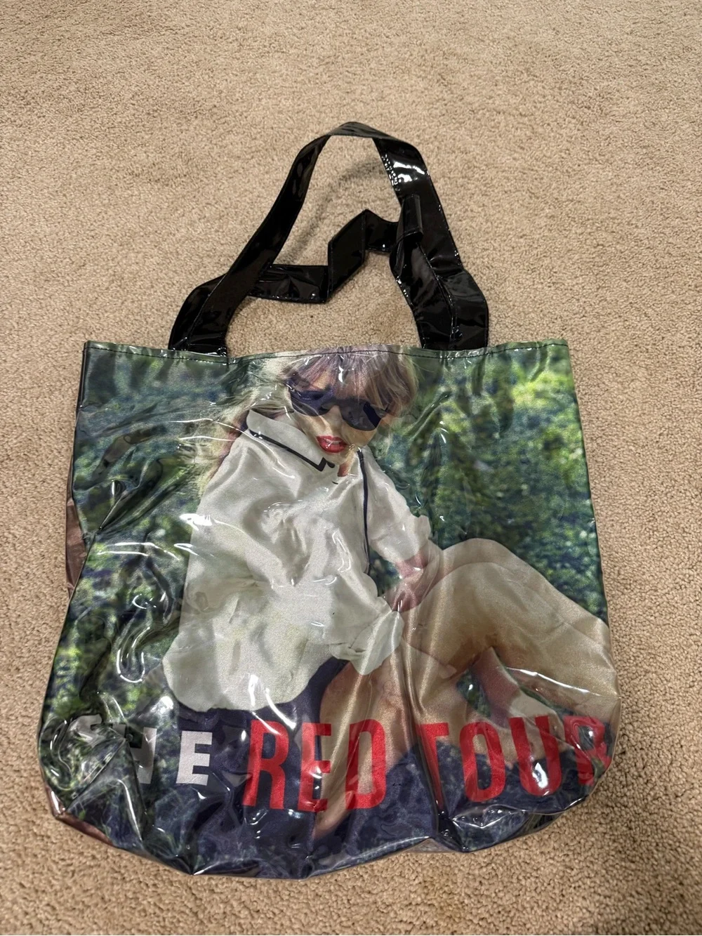 Black Handle Graphic Tote Bag with Red Accent